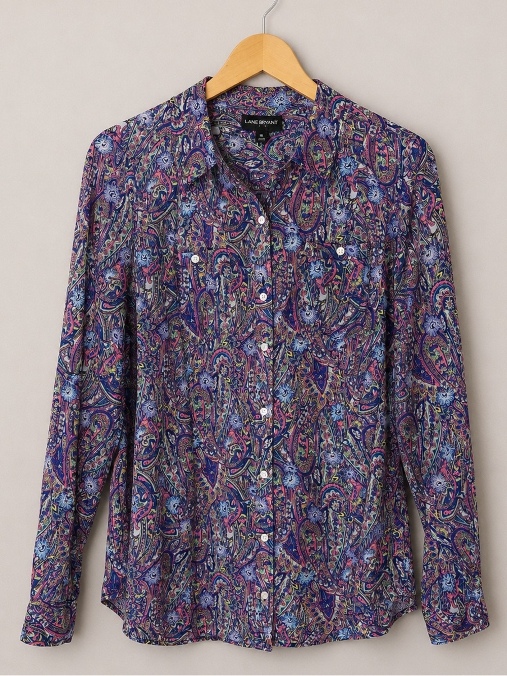 Lane Bryant Women’s Purple Multi Paisley Long-Sleeve Button-Up Shirt Size 16